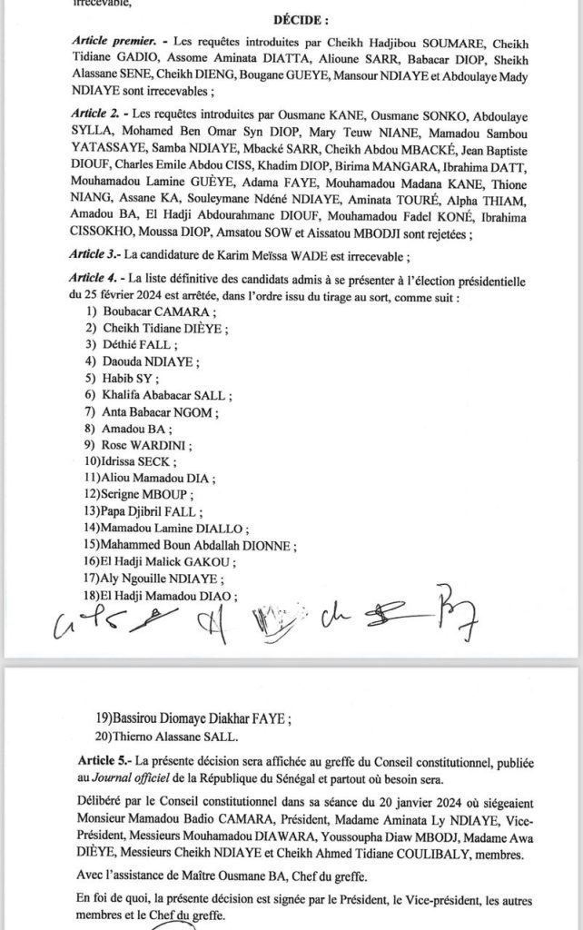 Le Conseil Constitutionnel valide 20 candidats…Karim Wade et Ousmane Sonko recalés, Bassirou Diomaye Faye passe